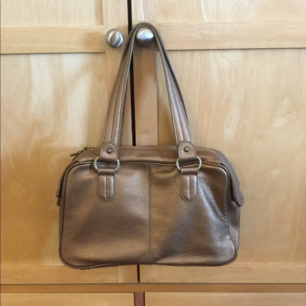 Casual Corner Gold Metallic Leather Women’s Satchel Tote Purse Bag - Picture 2 of 7